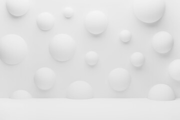 White abstract stage mockup - wall adorned floating smooth, soft, rounded spheres. Calm serenity scene. Tranquil template for presentation cosmetic, showing products, displaying goods. 3D rendering.