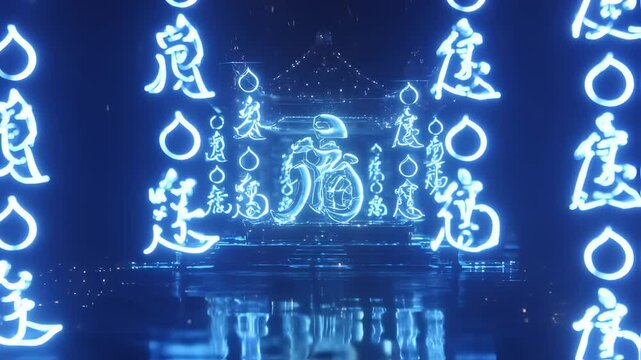 A mysterious digital temple lies partially submerged in a glowing, viscous liquid, while radiant symbols drift through the current like flowing data. AI-generated animation 