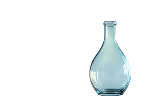 A transparent glass bottle with a round body and a narrow neck, isolated on a transparent background background removed