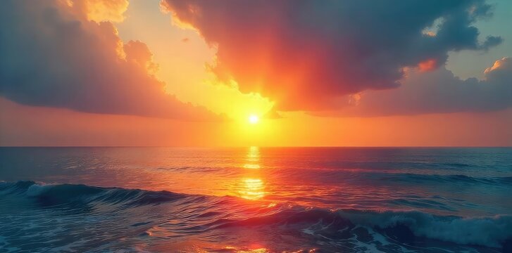 A vibrant sunrise over a calm ocean, radiating warmth and joy; perfect for themes of optimism and well-being , golden hour, beautiful, colorful