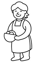 a happy cartoon baker holding a bowl of eggs, drawn in a simple black and white line style