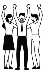 Illustration of a team of business people celebrating success with arms raised, stylized in black and white