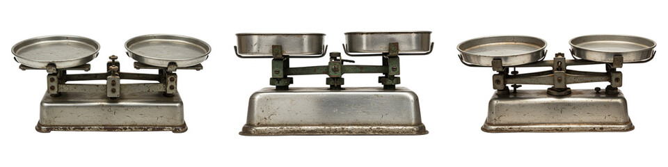 Nostalgic trio of antique scales evoke memories of old shops and accurate measurements on a black