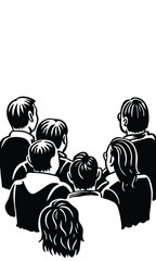 a crowd of people watching a scene from their backs, captured in a minimalistic drawing style. They look upwards, presumably at something of interest. Their backs are turned toward the viewer.