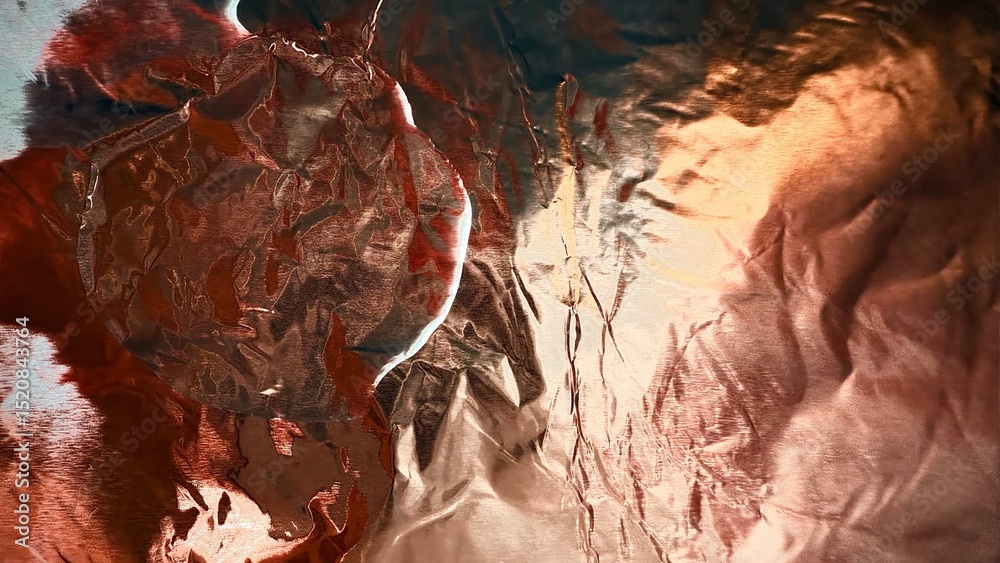 Poster abstract metallic foil texture with red bronze and silver tones reflecting crumpled surface and translucent circular overlay for branding, web design, print media, and digital artwork

