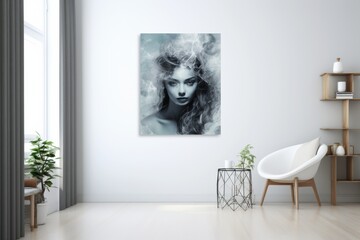 Modern art display in a minimalist living room featuring a striking portrait