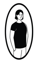 a woman in a monochrome oval frame portrait