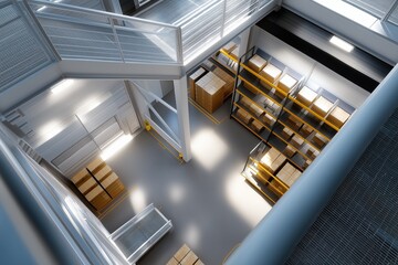 Obraz premium Spacious industrial warehouse interior with shelves and cartons