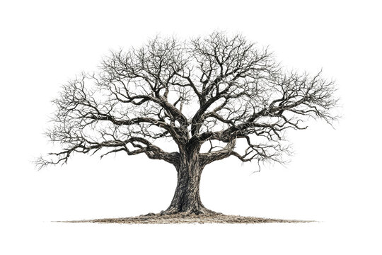 A majestic, leafless oak tree stands tall, its gnarled branches reaching towards the sky background removed