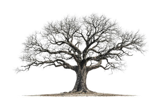 A majestic, leafless oak tree stands tall, its gnarled branches reaching towards the sky background removed