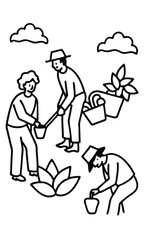 Farmers tending a garden, a scene of care, growth, and agricultural practice. The image features people working with plants and buckets, symbolizing care and growth