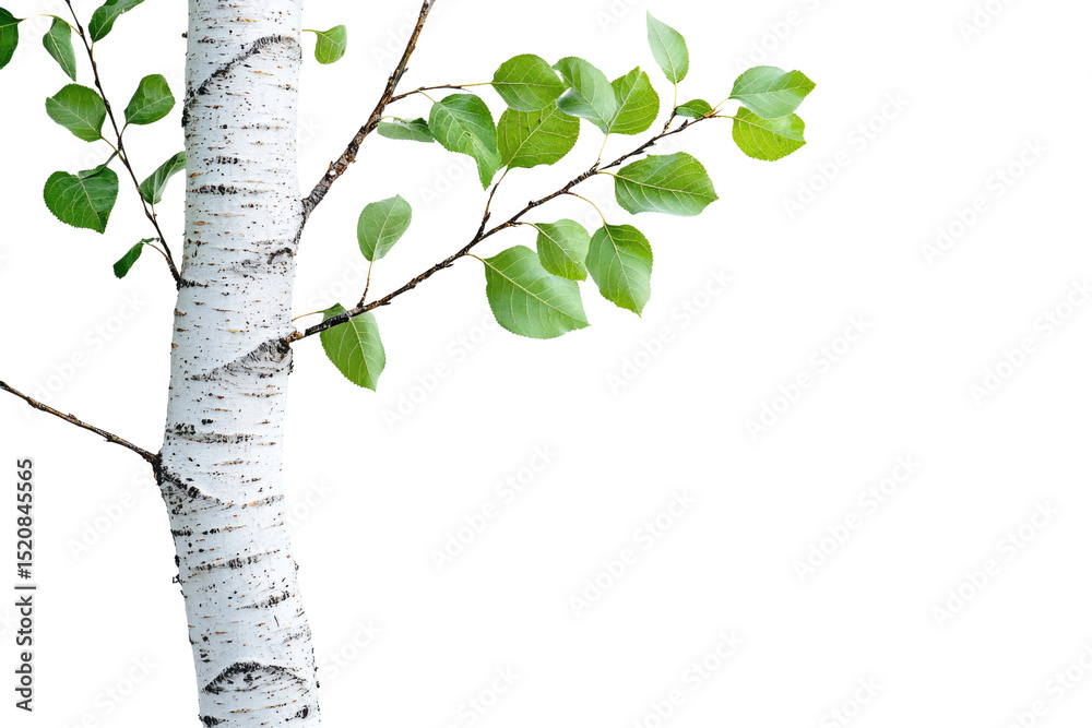 Poster birch tree trunk with fresh green leaves on a branch against a transparent background background rem