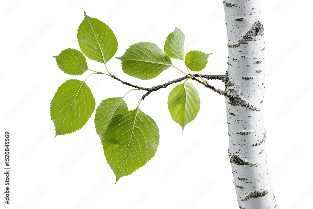 Poster A branch with vibrant green leaves extends from a birch tree trunk, isolated against a solid background background removed