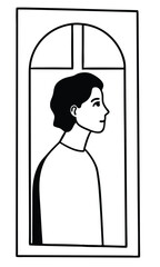 Line drawing of person at a window.