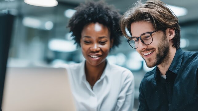 Modern office collaboration between two young business professionals using laptop, engaged in discussion about online tools, technology integration, and company data systems at work