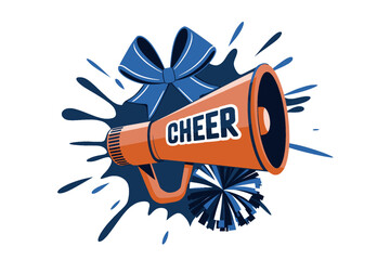 Cheer Megaphone with Bow and Pom Pom Design, Dynamic cheerleading graphic featuring an orange megaphone, blue bow, and pom pom with splash background, symbolizing spirit and energy.

