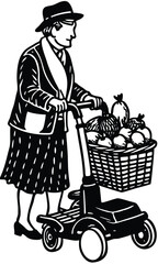 elderly woman walking with shopping cart loaded with fresh produce, showing everyday lifestyle