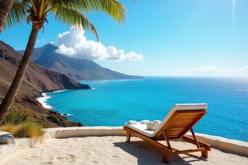 Fototapeta premium Relaxing on a deck chair overlooking the stunning Canary Islands ocean Sunshine, blue skies, and a tranquil escape await Perfect for travel and holiday brochures , recliner, landscape, scenery