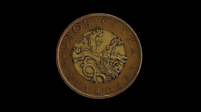 Czech Republic 50 korun 2008 obverse with crowned lion, macro loop on black background