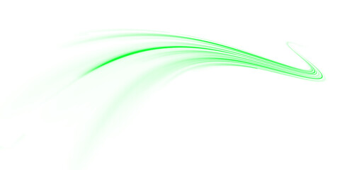 Curved green streak motion with glowing line blur and laser speed effect PNG.