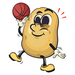 cute cartoon potato mascot vector playing basketball, happy smiling character isolated on transparent background, work of hand drawn