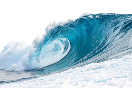 Powerful blue ocean wave splashing with white foam on a summer beach