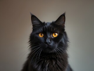 Portrait of a Majestic Black Cat with Piercing Golden Eyes, Focused and Calm.