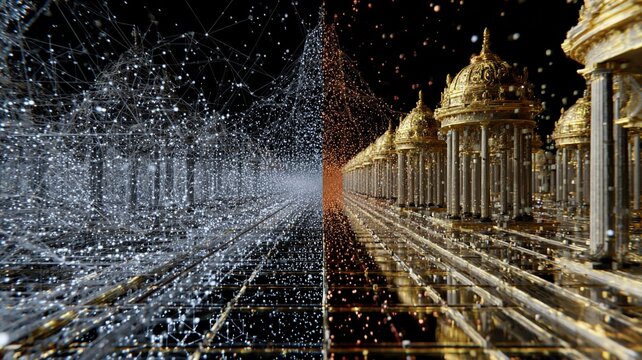 Parallel computing visualization comparing classical and quantum data processing with intricate golden structures and network connections in futuristic digital environment