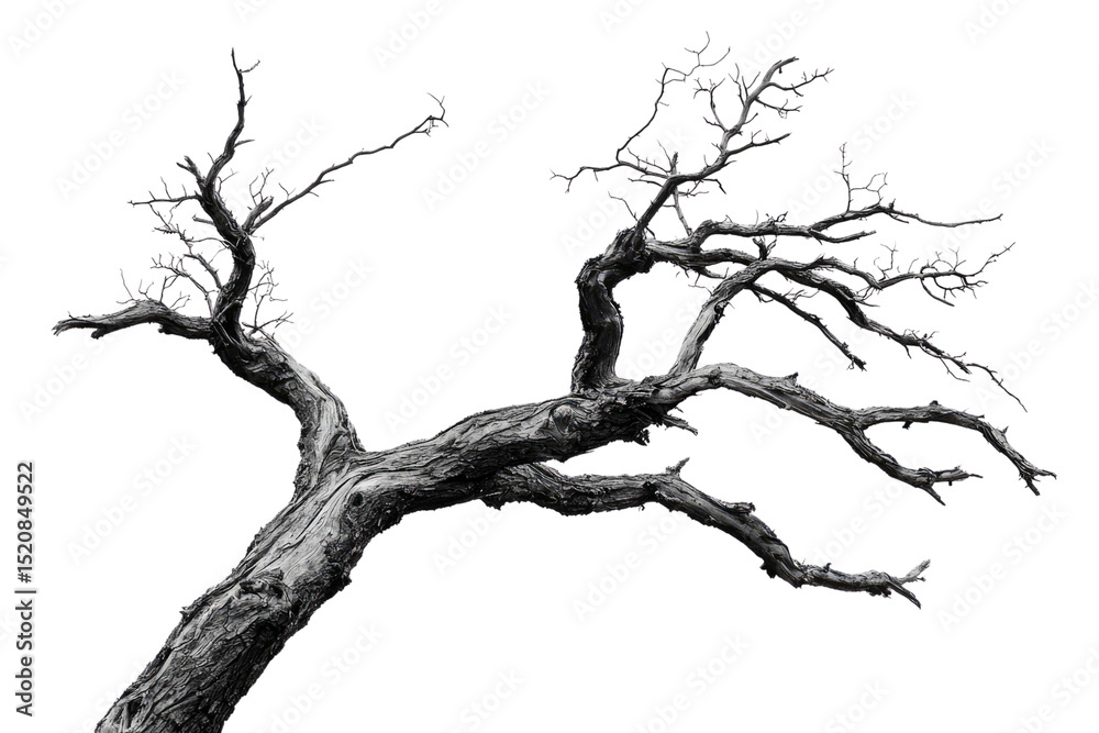 Poster A grayscale image of a gnarled, leafless tree branch, isolated against a transparent background background removed