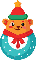 Adorable cartoon bear in festive winter attire wearing a christmas hat and scarf