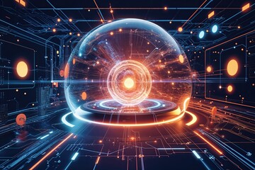 Obraz premium Futuristic Technology Landscape Quantum Communication System in an Advanced Digital Ecosystem Illustration