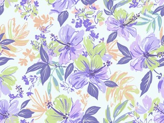 Hand drawn seamless pattern of abstract hibiscus flowers, tropical leaves and monstera leaves. Hand painted tropical floral wallpaper for summer wedding invitation.