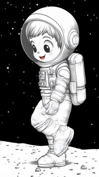 Cute child astronaut in retro sketch style standing on moon surface with stars in space background at night