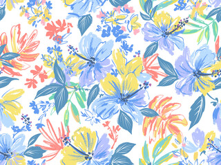 Hand drawn PNG seamless pattern of abstract hibiscus flowers, tropical foliage, and monstera leaves. Hand painted tropical floral wallpaper for summer wedding invitation with transparent background.