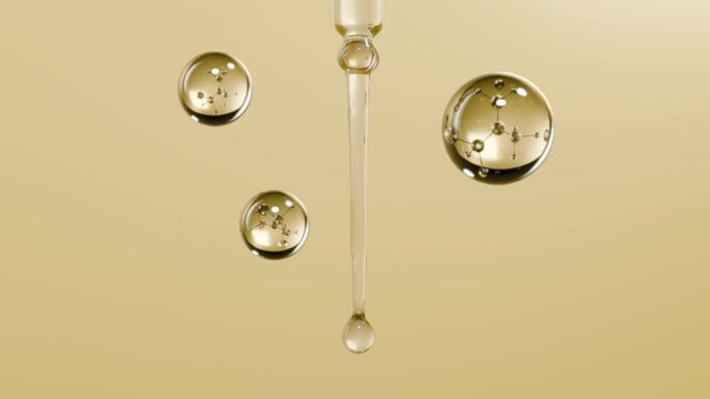On a beige-yellow background, a 3D serum tube is flying and gradually dripping out nutrients, with 3 essence bubbles of the same structural composition.