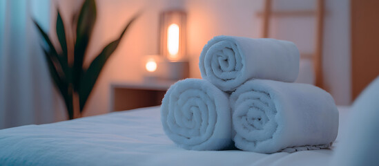 Elegant hotel bedroom with crisp linens and plush towels showcasing serene hospitality ambiance for promotional use.