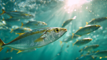 A school of fish swims through the crystal clear, sunlit water, creating a mesmerizing spectacle of aquatic life
