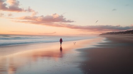 Fototapeta premium A person walks on a serene beach at sunset, waves softly lapping at the shore. Their dog happily accompanies them on this tranquil evening.