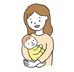 赤ちゃんを抱っこする母親の線画イラスト