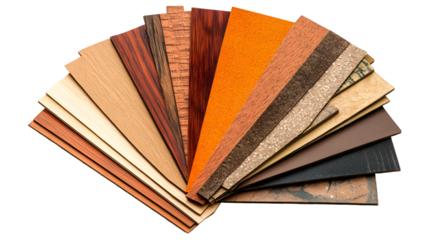 Material board for interiors with samples set against a white background and clipping path.