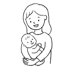 赤ちゃんを抱っこする母親の線画イラスト