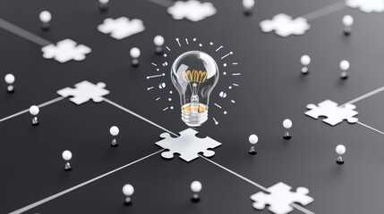 A glowing lightbulb stands at the center of interconnected puzzle pieces, symbolizing innovation and creative solutions.