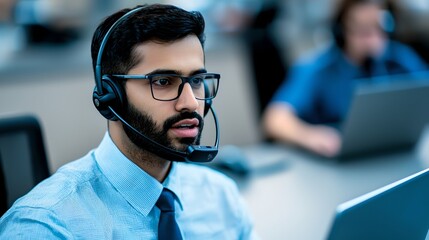 Customer service representative engaging with clients at call center business environment professional setting