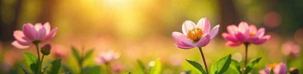 Fototapeta premium Gentle spring sunlight warms vibrant blooming flowers, signifying renewal and growth A feeling of nurturing and care pervades the scene , optimism, sunshine, spring