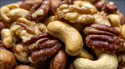 A close-up shot of a pile of assorted nuts, showcasing the different shapes, textures, and colors