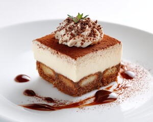 Tiramisu dessert on white plate