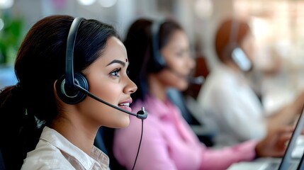 Customer support agents call center professional environment office space close-up view service excellence