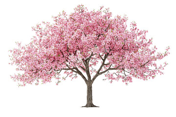 A full bloom pink cherry blossom tree isolated on a transparent background background removed