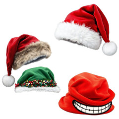A festive assortment of santa hats in red green and other designs against a black background image
