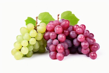 Fresh grapes in various colors arranged on a white background for a vibrant display